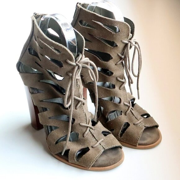 MIA Military Green Suede Leather Peep Toe Cutout Lace-up Heels Bootie Shoes 6 - Picture 3 of 16